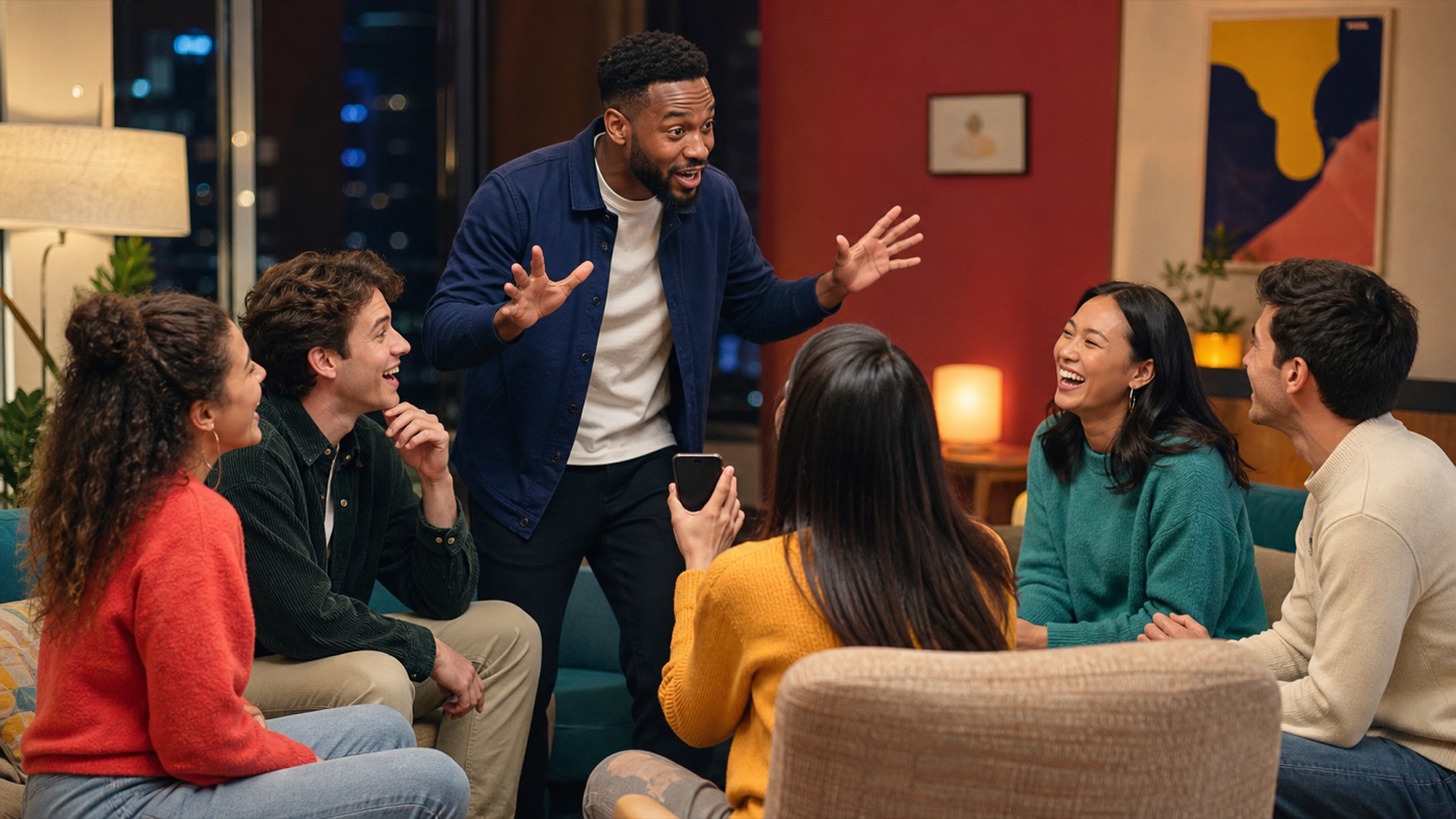 A lively group of friends playing Alias at an evening house party