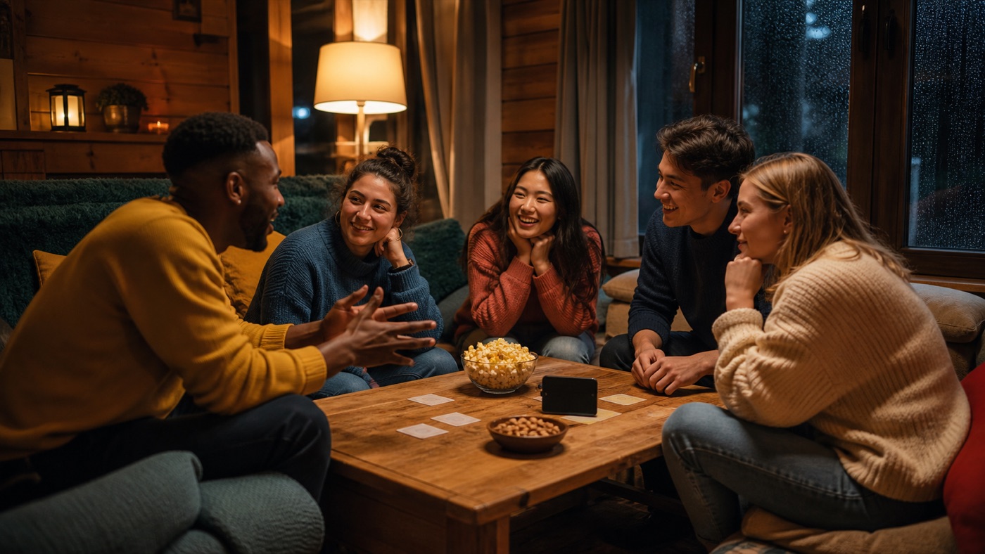 Friends enjoying an offline word game during a cozy cabin game night