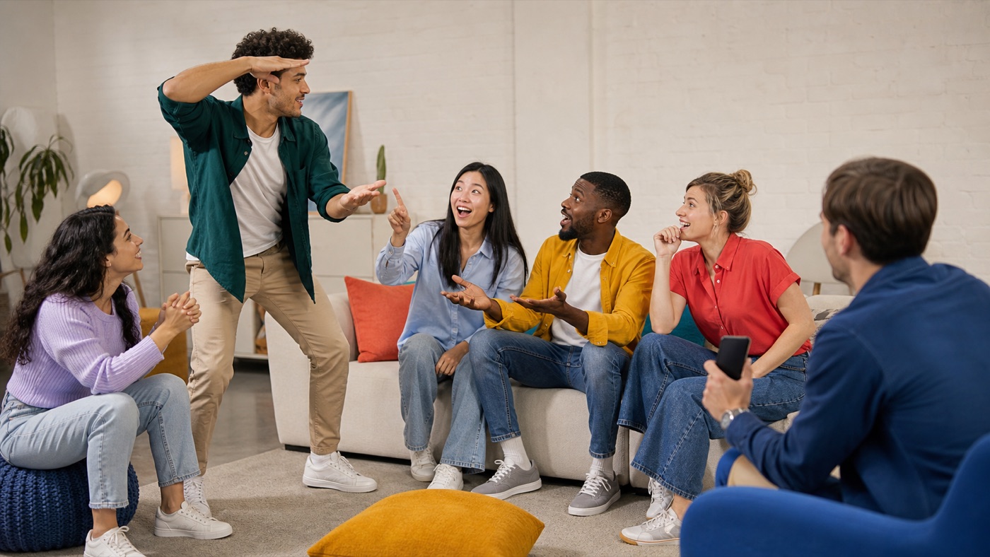 Friends using spoken clues and gestures while comparing different word party games