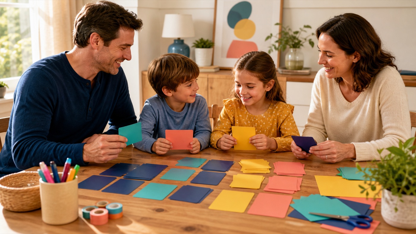 A family sorting colorful blank cards for a homemade Alias word game