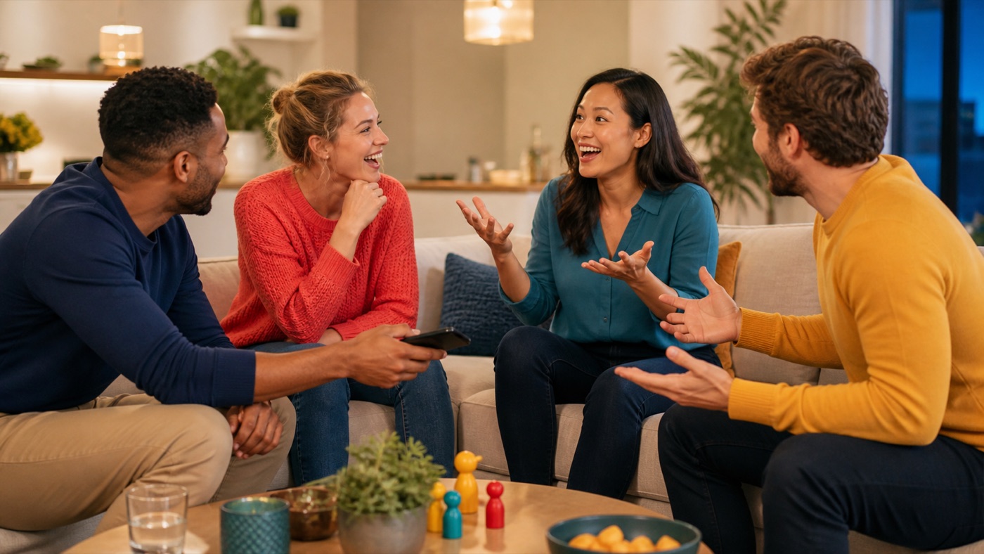 Four friends laughing while one player explains a word during an Alias game
